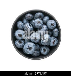 Fresh organic blueberries ina black ceramic bowl topv view isolated on white background Stock Photo