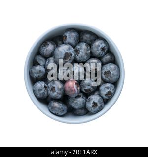 Fresh organic blueberries ina blue ceramic bowl topv view isolated on white background Stock Photo