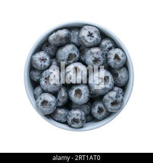 Fresh organic blueberries ina blue ceramic bowl topv view isolated on white background Stock Photo