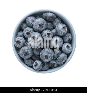 Fresh washed organic blueberries ina blue ceramic bowl topv view isolated on white background Stock Photo