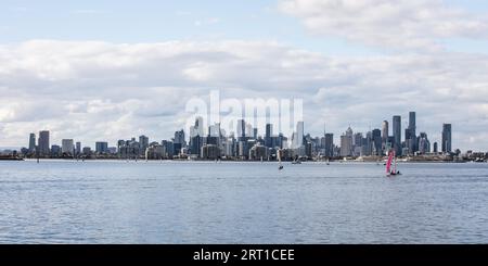 Melbourne skyline on an autumn day from Williamstown waterfront in Victoria, Australia Stock Photo