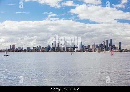 Melbourne skyline on an autumn day from Williamstown waterfront in Victoria, Australia Stock Photo