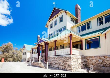 MT BUFFALO, AUSTRALIA- DECEMBER 29 2021: The Mount Buffalo Chalet on a warm summer's day. It was built in 1910 as Australia's first ski resort in the Stock Photo