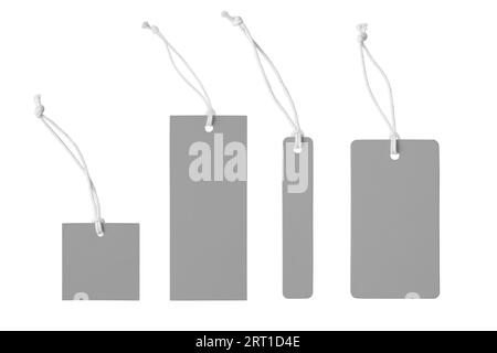 Various shape of blank gray paper label or cloth tag set isolated on white background. Price tag mockup template with copy space for brand, informatio Stock Photo