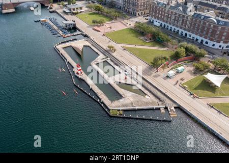 Copenhagen, Denmark, August 20, 2021: Aerial drone view of the harbour bath at Islands Brygge Stock Photo