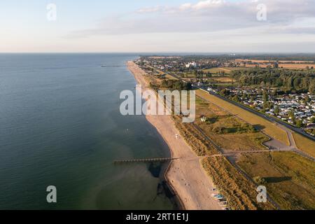 Dahme, Germany, July 31, 2021: Aerial drone view of Dahme Beach in Schleswig-Holstein Stock Photo