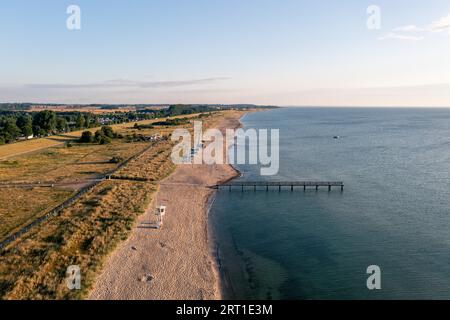 Dahme, Germany, July 31, 2021: Aerial drone view of Dahme Beach in Schleswig-Holstein Stock Photo