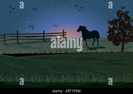 Silhouette of horse grazing in pasture.Night landscape with horse, fence, meadow and sunset starry sky.Stallion on sunrise.Equine farm on ranch.Vector Stock Vector