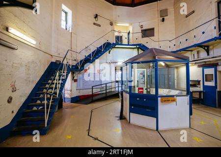 BEECHWORTH, AUSTRALIA, DECEMBER 30, 2021: Historic Beechworth Gaol and its interiors of hallways of jail cells on a hot summer's day in Victoria Stock Photo