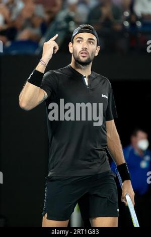 MELBOURNE, AUSTRALIA, JANUARY 25: Matteo Berrettini of Italy celebrates beating Gael Monfils of France on day 9 of the 2022 Australian Open at Stock Photo