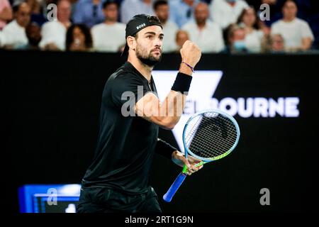 MELBOURNE, AUSTRALIA, JANUARY 25: Matteo Berrettini of Italy playing against Gael Monfils of France on day 9 of the 2022 Australian Open at Melbourne Stock Photo
