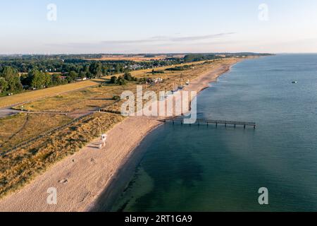 Dahme, Germany, July 31, 2021: Aerial drone view of Dahme Beach in Schleswig-Holstein Stock Photo