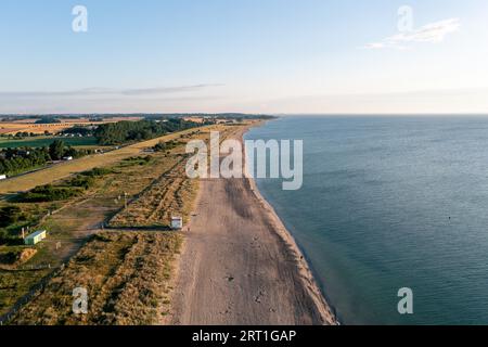 Dahme, Germany, July 31, 2021: Aerial drone view of Dahme Beach in Schleswig-Holstein Stock Photo