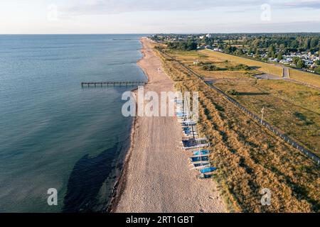 Dahme, Germany, July 31, 2021: Aerial drone view of Dahme Beach in Schleswig-Holstein Stock Photo