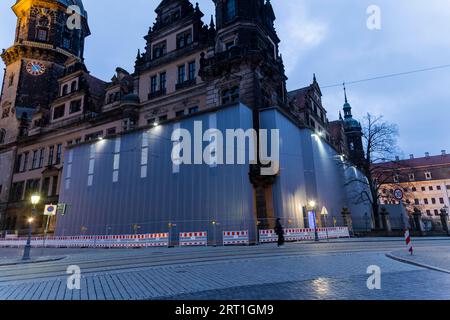 The window front of the Green Vault in the Dresden Residence Palace, where the spectacular jewel robbery took place, is currently completely enclosed Stock Photo