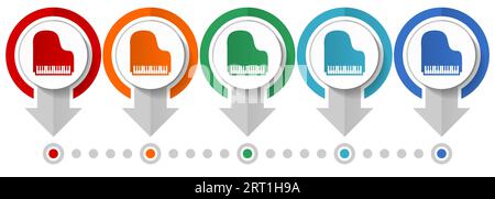 Piano, music vector icon set, flat design infographic template, set pointer concept icons in 5 color options for webdesign and mobile applications Stock Vector