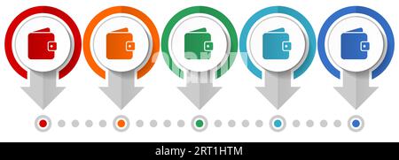 Purse, wallet vector icon set, flat design infographic template, set pointer concept icons in 5 color options for webdesign and mobile applications Stock Vector