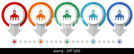 Religion, church vector icon set, flat design infographic template, set pointer concept icons in 5 color options for webdesign and mobile applications Stock Vector