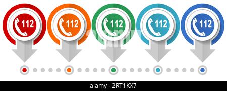 Emergency call, number 112 vector icon set, flat design infographic template, set pointer concept icons in 5 color options for webdesign and mobile ap Stock Vector