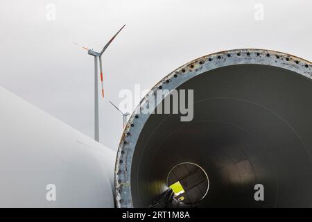 Dismantled old wind turbine at a wind farm near Elsterwerda in Brandenburg... After the end of their operating life, old wind turbines are dismantled Stock Photo
