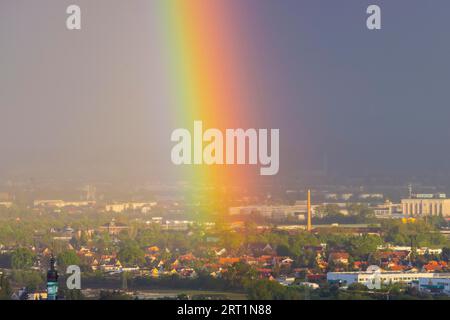 Double rainbow after a thunderstorm seen from the Bismarck Tower in Radebeul on Dresden Stock Photo