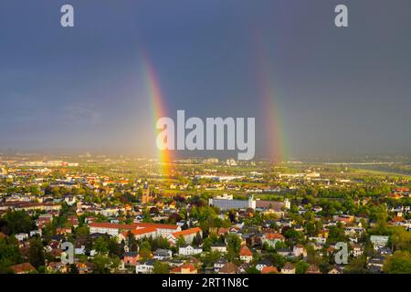 Double rainbow after a thunderstorm seen from the Bismarck Tower in Radebeul on Dresden Stock Photo