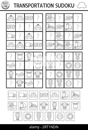 Vector transportation sudoku black and white puzzle for kids. Simple transport quiz with cut and glue elements. Education activity or coloring page wi Stock Vector