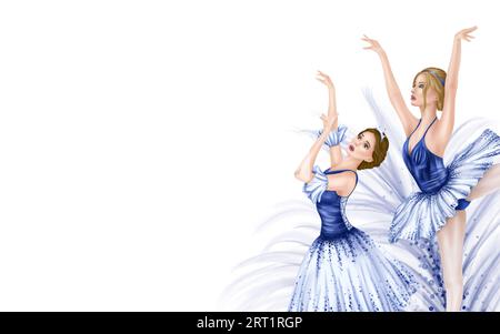 Dancing ballerina girls. A theatrical performance of elegant artists in blue stage costumes and tutus. Frame, template for postcards and design. Digit Stock Photo