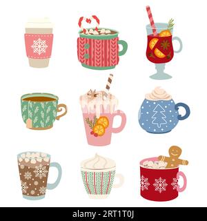 Set of Autumn and Winter drinks Vector Flat illustration. Hand drawn Cup with Cappucino, Coffee, Hot chocolate, Cacao, Tea, Mulled wine isolated on wh Stock Vector