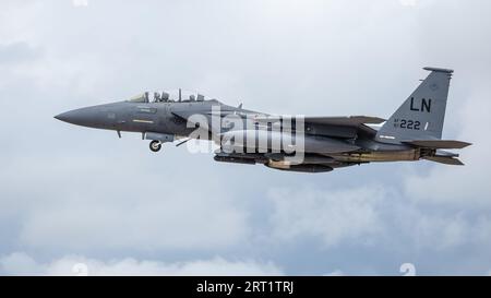 United States Air Force - McDonnell Douglas F-15E Strike Eagle, arriving at RAF Fairford for the Royal International Air Tattoo 2023. Stock Photo