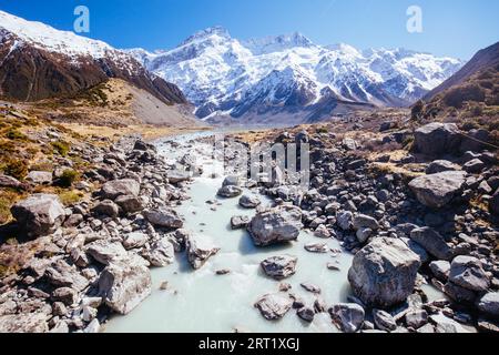 The iconic half day Hooker Valley Track hike at Mt Cook in New Zealand. This is Lake Mueller and Mt Sefton Stock Photo