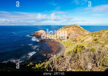 The famous Cape Schanck boardwalk runs towards the sea and rock formation known as London Bridge, in Victora. Australia Stock Photo