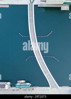 Copenhagen, Denmark, August 27, 2019: Aerial drone view of the new modern pedestrian and cycling bridge Lille Langebro Stock Photo