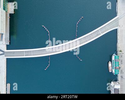 Copenhagen, Denmark, August 27, 2019: Aerial drone view of the new modern pedestrian and cycling bridge Lille Langebro Stock Photo