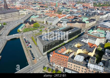 Copenhagen, Denmark, May 07, 2020: Aerial drone view of Denmarks National Bank Stock Photo