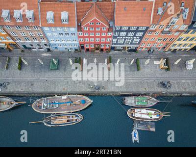 Copenhagen, Denmark, April 07, 2020: Aerial drone view of the famous Nyhavn district in the historic city centre Stock Photo