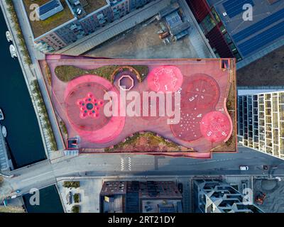 Copenhagen, Denmark, April 07, 2020: Aerial drone view of Konditaget Luders, a recreational space on top of a multi-storey car park Stock Photo