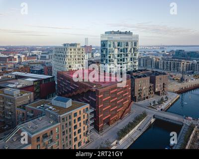 Copenhagen, Denmark, April 07, 2020: Aerial drone view of Konditaget Luders, a recreational space on top of a multi-storey car park Stock Photo