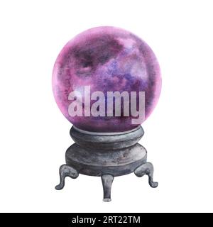 Witch's purple magic glass crystal ball isolated on white background. Watercolor hand drawn mystical sketch iIllustration. Art design esoteric Stock Photo