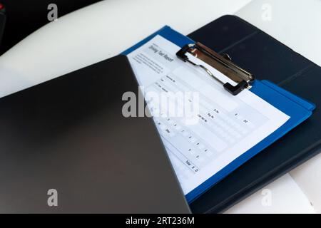 Empty driving test report in the car. Close up. Ready for the exams. Driving test, driver courses, exam concept Stock Photo
