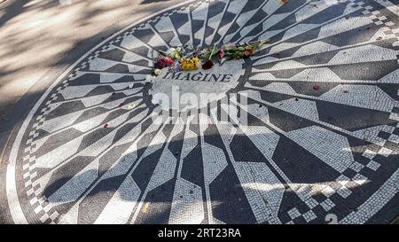 New York City, United States, September 21, 2019: Close up of the John Lennon memorial at Strawberry Fields in Central Park Stock Photo