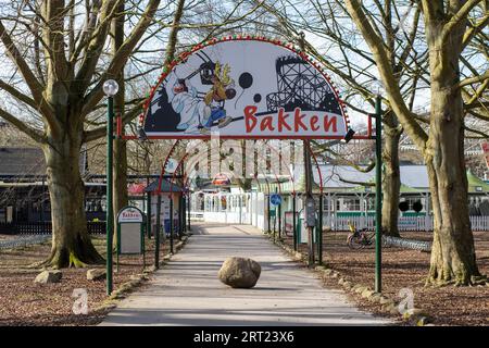 Copenhagen, Denmark, March 19, 2020: Entrance to Bakken, the oldest amusement park in the world Stock Photo