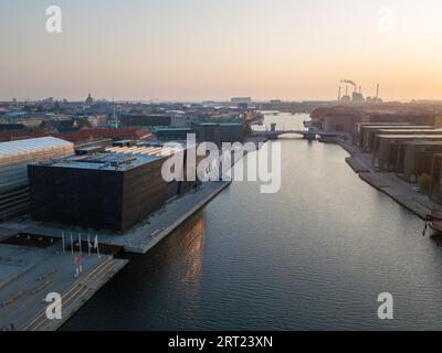 Copenhagen, Denmark, August 27, 2019: Aerial drone view of The Royal Library, also know as the Black Diamond Stock Photo