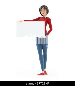 3d casual girl with a placard, illustration isolated on white background Stock Photo