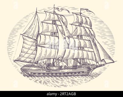 Vintage sailing ship in the sea in engraving style. Old sailboat with sails. Hand drawn sketch vector illustration Stock Vector