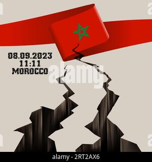 Catastrophic devastating earthquake in Morocco. Natural disaster in Marrakech, High Atlas mountain range on 8.9.2023. Massive cracks Moroccan flag map Stock Vector