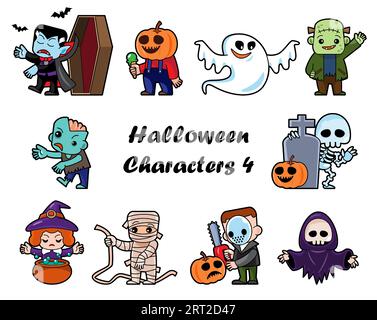 Cute halloween cartoon characters . White isolated background . Vector . Set 4 of 4 . Stock Vector