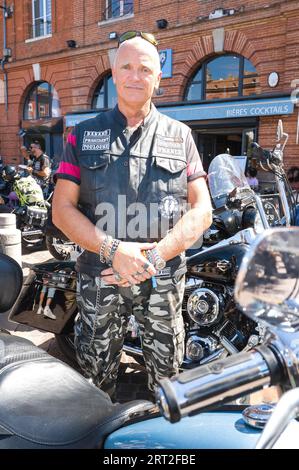 Toulouse, France. 08th Sep, 2023. Portrait of Nanard, President of the Toulouse Doomstrikers. The MC France Doomstrikers in Toulouse. A biker club made up of law enforcement and military enthusiasts. LE for law enforcement and MC for Moto-Club. France, Toulouse, September 8, 2023. Photo by Patricia Huchot-Boissier/ABACAPRESS.COM Credit: Abaca Press/Alamy Live News Stock Photo