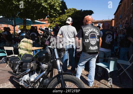 Toulouse, France. 08th Sep, 2023. The MC France Doomstrikers in Toulouse. A biker club made up of law enforcement and military enthusiasts. LE for law enforcement and MC for Moto-Club. France, Toulouse, September 8, 2023. Photo by Patricia Huchot-Boissier/ABACAPRESS.COM Credit: Abaca Press/Alamy Live News Stock Photo