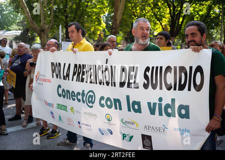 Madrid, Spain. 10th Sep, 2023. People demonstrate to demand a National Suicide Prevention Plan on Paseo del Pardo in Madrid on September 10, Spain. (Photo by Oscar Gonzalez/Sipa USA) (Photo by Oscar Gonzalez/Sipa USA) Credit: Sipa USA/Alamy Live News Stock Photo